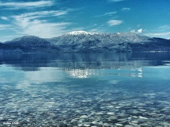 Scenic view of lake with mountains in background