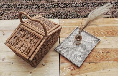 High angle view of wicker basket on table