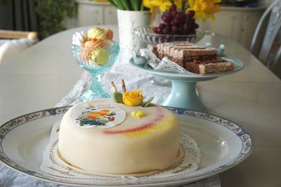 Close-up of cake served on table