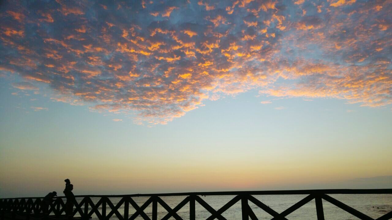 SILHOUETTE OF PERSON STANDING ON RAILING AGAINST SEA