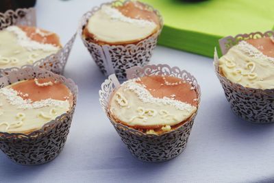 High angle view of cupcakes on table