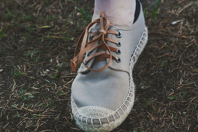 Low section of person wearing shoes on field