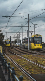 Train on railroad tracks against sky