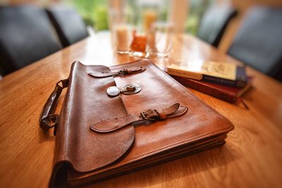 High angle view of leather on table