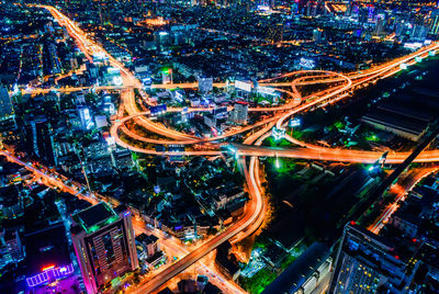 High angle view of light trails on city street