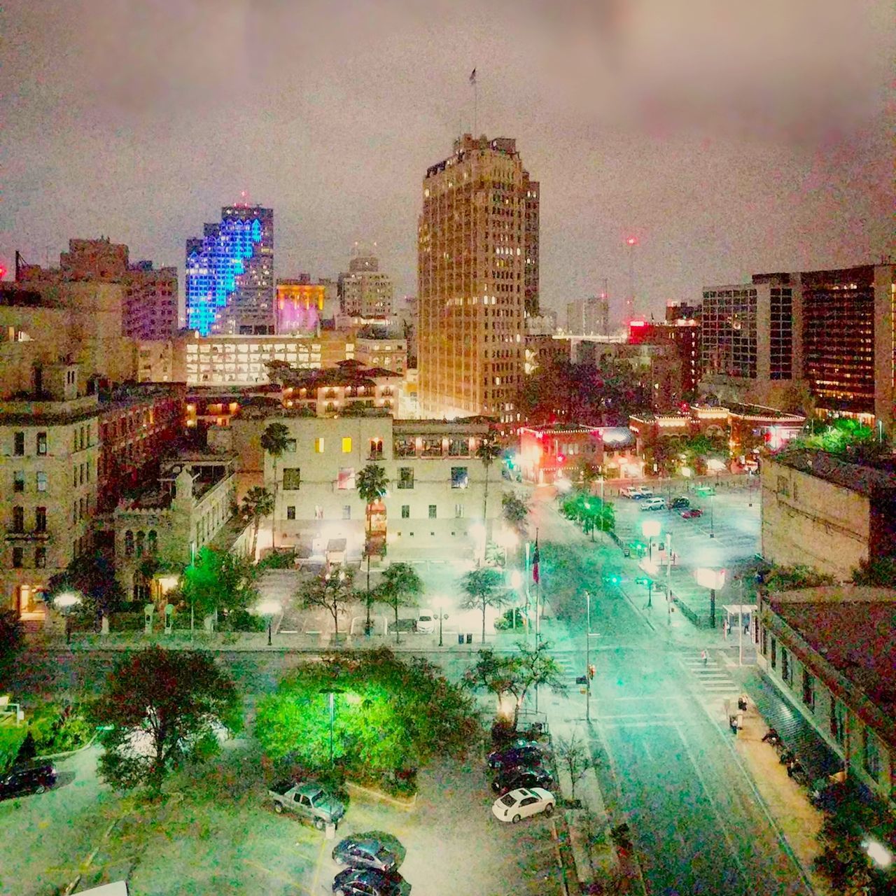 AERIAL VIEW OF CITY AT NIGHT