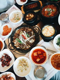 High angle view of traditional korean food served on table