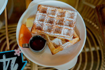 High angle view of breakfast in plate on table