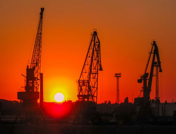 Silhouette of cranes at sunset