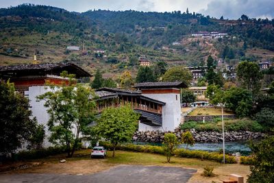 High angle view of houses and buildings in city