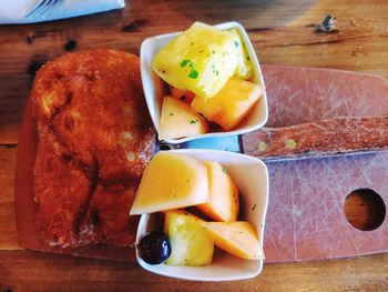 High angle view of breakfast on table