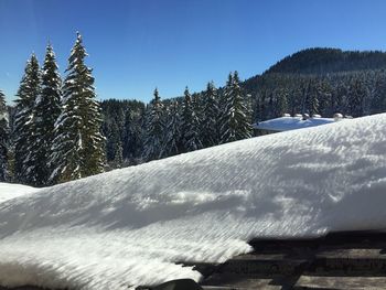 Snow covered landscape against clear sky