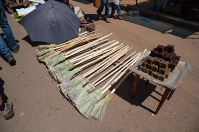 High angle view of people at street market