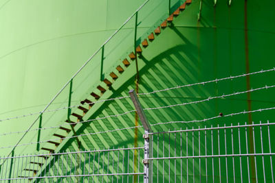 Side view of stairs against green wall