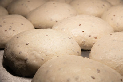 The uncooked round buns of dough are placed on a metal tray. hamburger bun dough