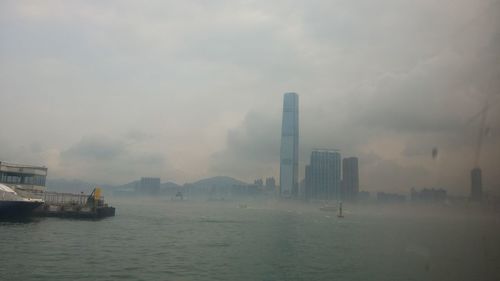 City skyline against cloudy sky