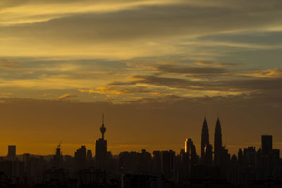 View of cityscape against cloudy sky during sunset