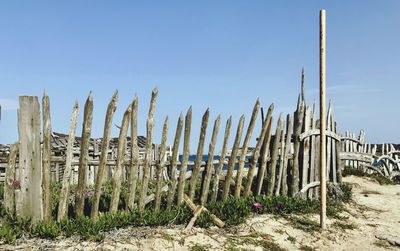 Panoramic view of wooden post on field against clear sky