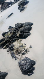 High angle view of rocks on shore during winter