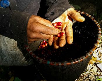 High angle view of man preparing food