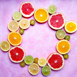 High angle view of various citrus fruits on table