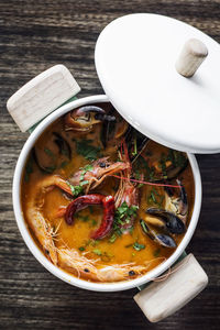 High angle view of soup in bowl on table