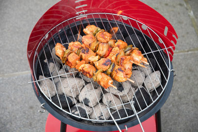 Summer picnic with barbecue marinated chicken skewers with grilled vegetables