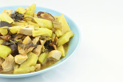 High angle view of food in bowl on white background