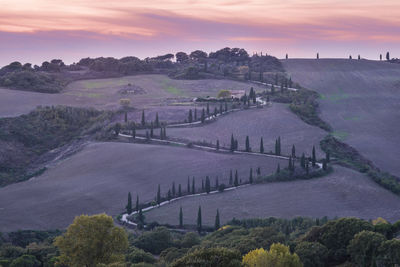 High angle view of landscape against sky during sunset