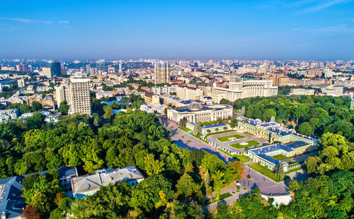 High angle view of buildings in city against sky