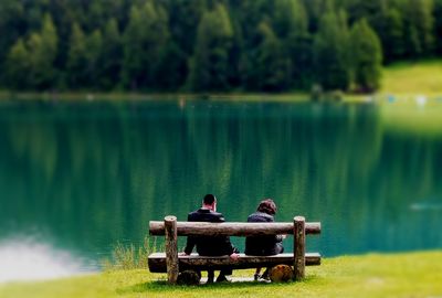 Rear view of men sitting on bench by lake