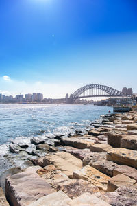 Scenic view of sea against blue sky