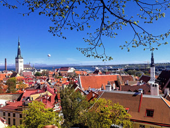 High angle view of houses against sky