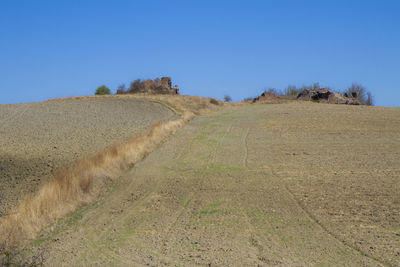 Scenic view of landscape against clear blue sky