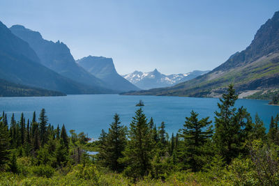 Scenic view of lake and mountains against sky