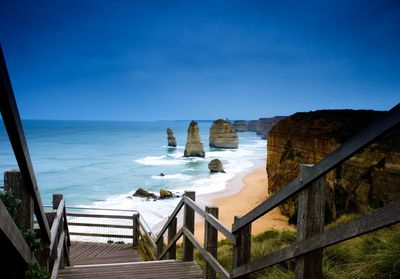 Scenic view of sea against clear blue sky