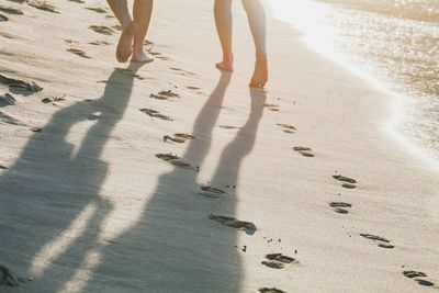 Low section of people walking at beach