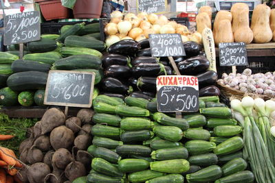 Full frame of vegetables for sale at market stall