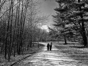 Rear view of people walking on road in winter