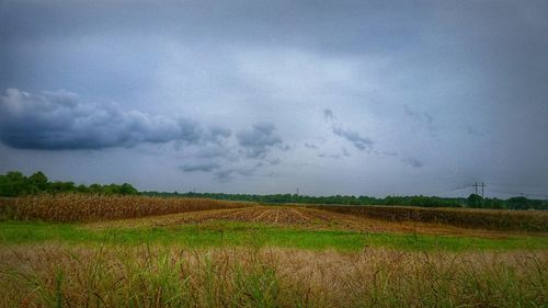 Scenic view of field against cloudy sky