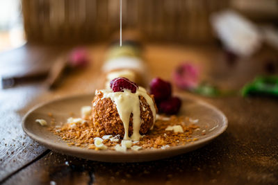 Close-up of dessert in plate on table