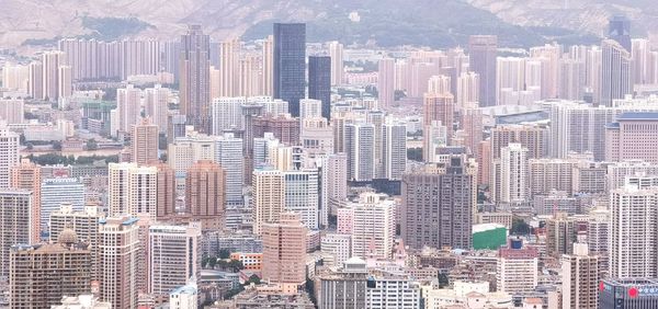 High angle view of modern buildings in city