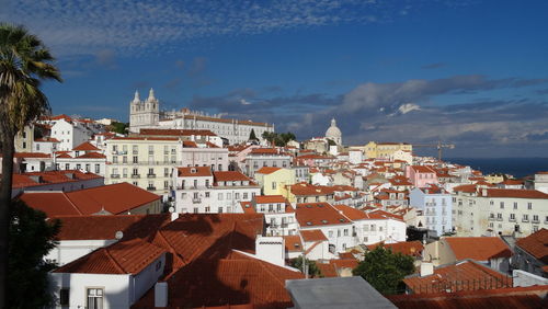 Houses in town against sky