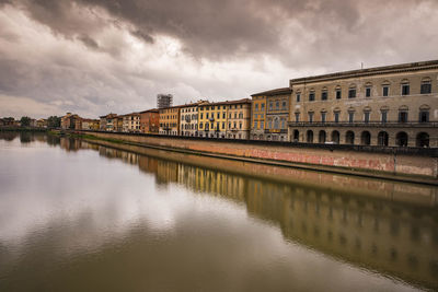 Reflection of buildings in calm river against cloudy sky