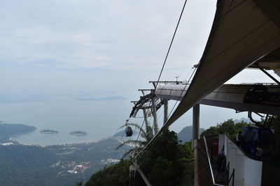 Low angle view of overhead cable cars against sky