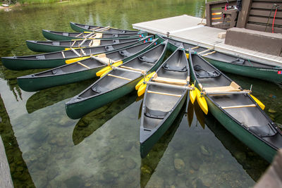 High angle view of boats moored in water