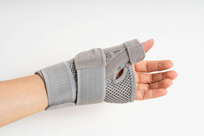 Close-up of human hand over white background