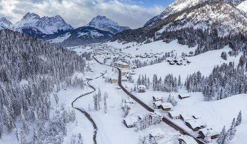 Scenic view of snow covered mountains against sky