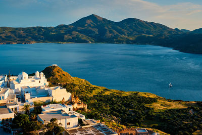 View of plaka village on milos island on sunset in greece