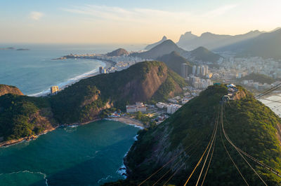 Amazing view of the coast of rio de janeiro in brazil seen from the sugar loaf mountain at sunset